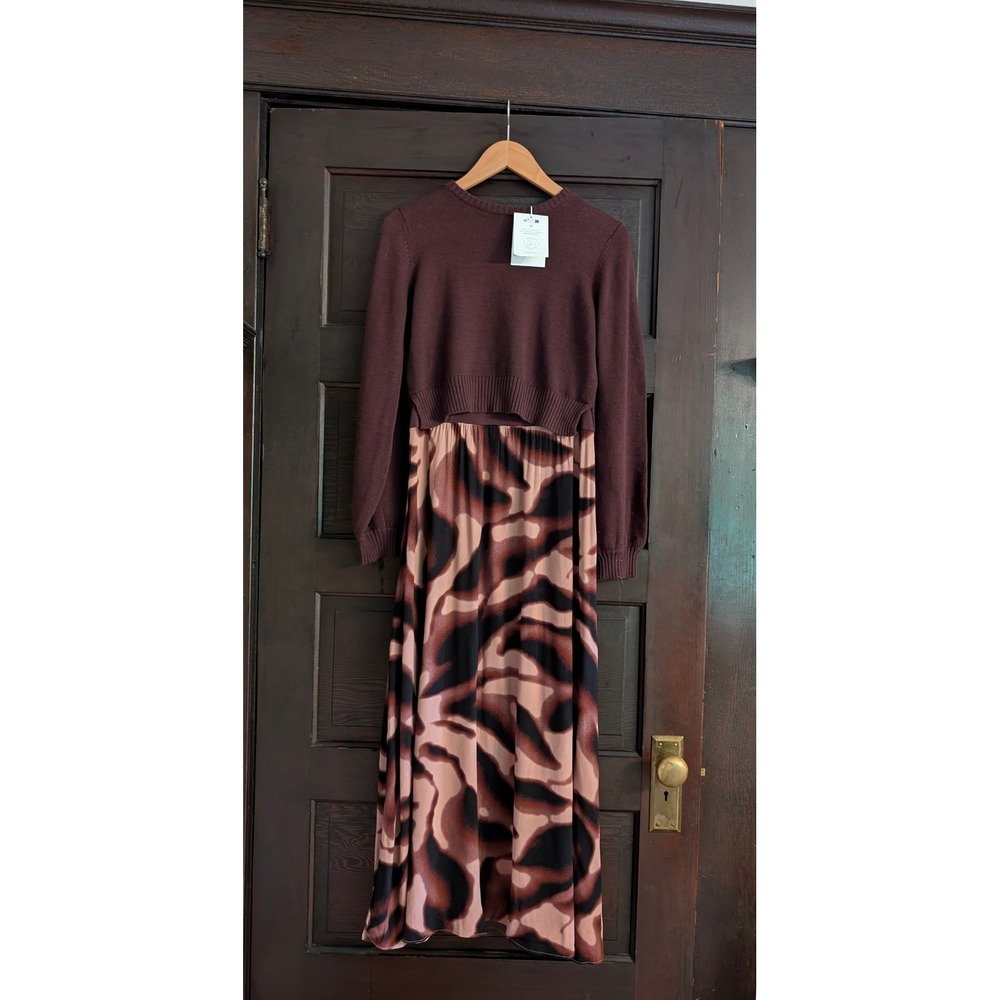 NWT Maternity Nursing Dress Set Burgundy Knit Sweater Printed midi dress size 4